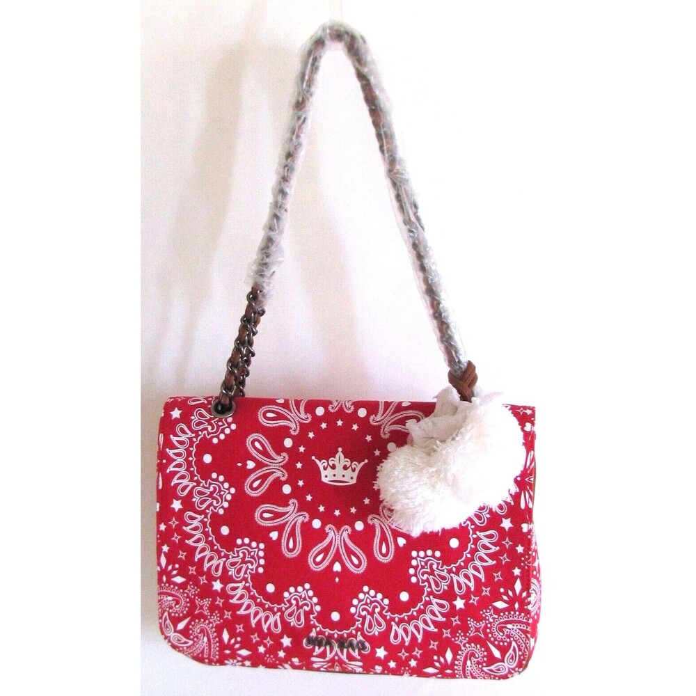 DESIGNER MIA BAG RED & WHITE BANDANA PRINT WHITE POM-POM CHARM CHAIN BAG - Picture 3 of 16
